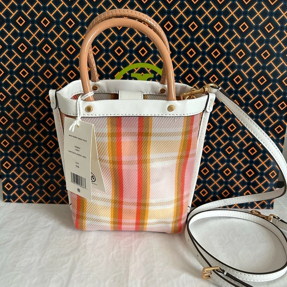 Tory Burch Mini Perry Mesh Tote Canyon Flower Plaid White Pink Tan Yellow Gold